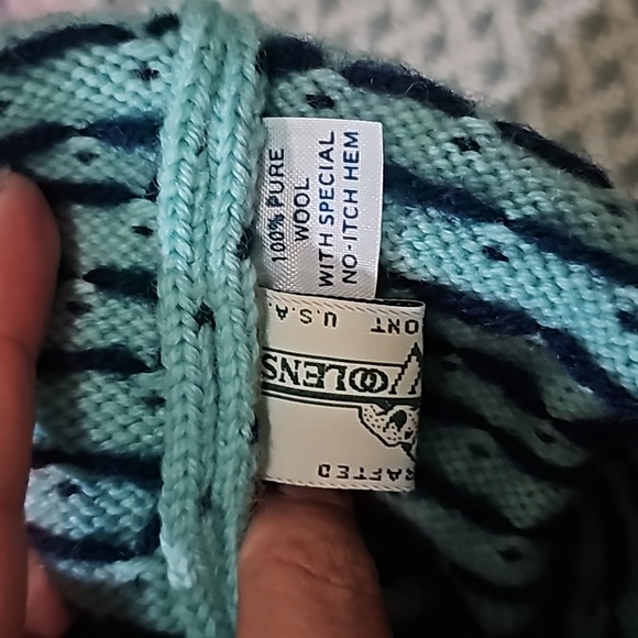 Stowe Woolens kids snow beanie hat pom-pom blue elk print wool vintage - Picture 5 of 5